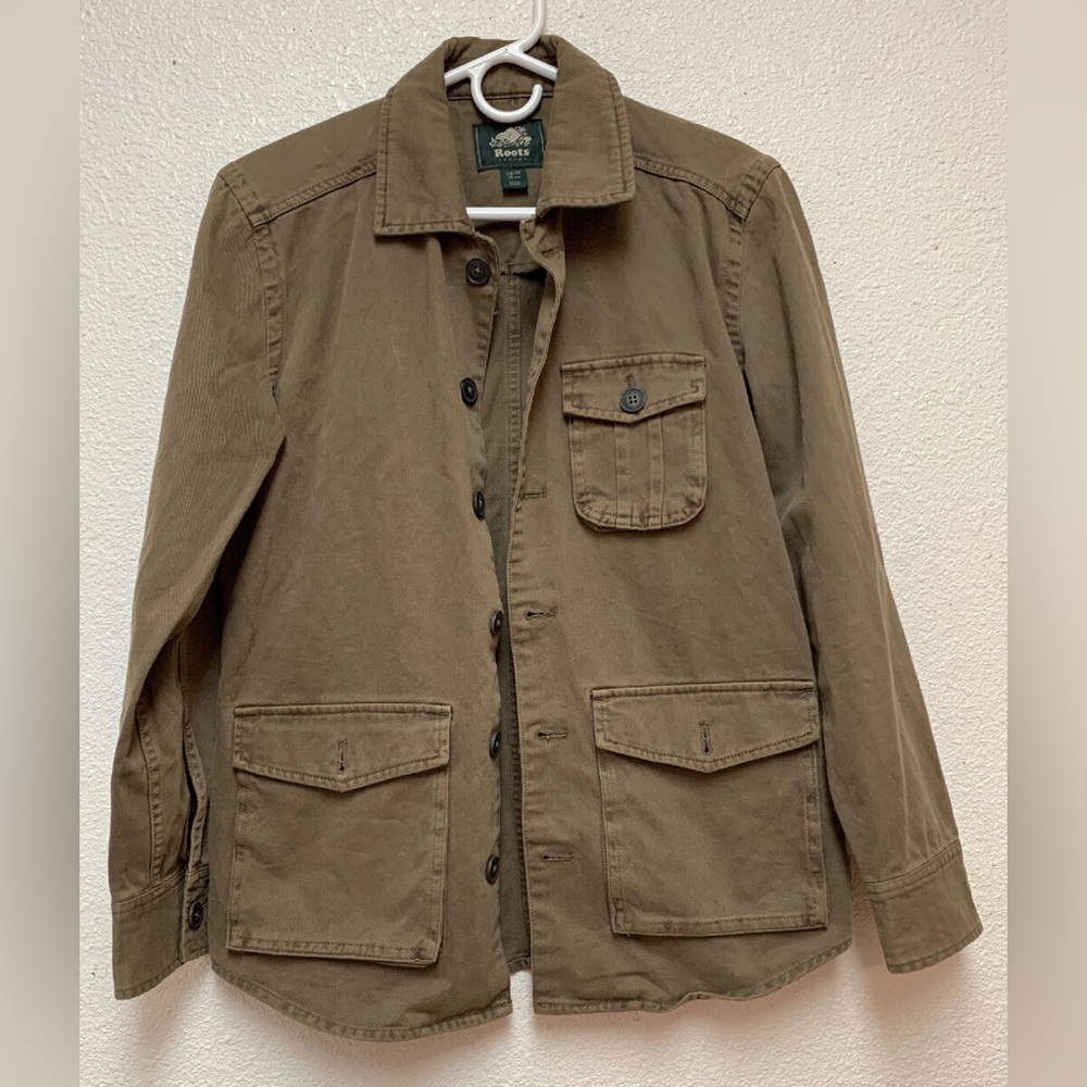 Roots Canada Cotton Army Green Coat Jacket Sz XS Button Up
